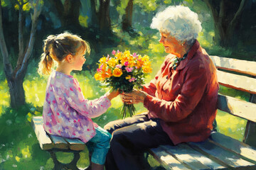 A young girl gives her grandmother a bouquet of spring flowers on a sunny morning, sitting together on a park bench, celebrating March 8 with love and nostalgia