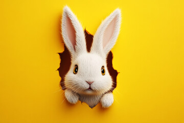 Obraz premium An Easter bunny with fluffy ears peeking through a hole in a yellow wall, perfect for a cute, engaging flyer, web design, or Easter banner