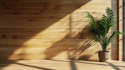 Sunlit Room With Wooden Walls and Palm Plant