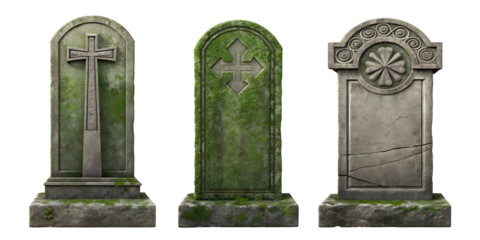 Weathered Ancient Stone Gravestones, Three Unique Styles, PNG Transparent
