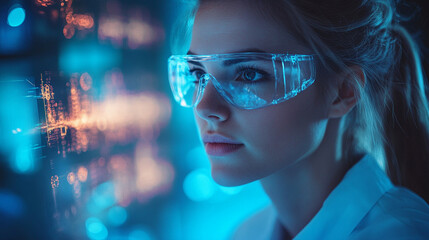 woman scientist wearing protective glasses examines holographic display