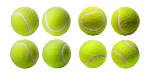 Collection of Bright Yellow Tennis Balls on White Background, isolated on transparent background