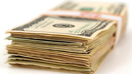 Pile of one hundred dollar bills isolated on a white background.