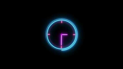 Clock icon neon  24 Hour illustration . modern circle digital and analog clock illustration , black background,4k illustration
