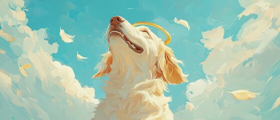 Obraz premium Golden retriever with halo gazing at the sky digital art serene atmosphere inspirational viewpoint