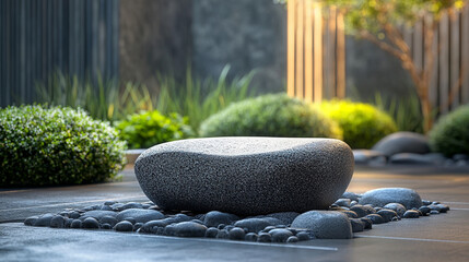 Textured stone seat in modern zen garden with calm atmosphere