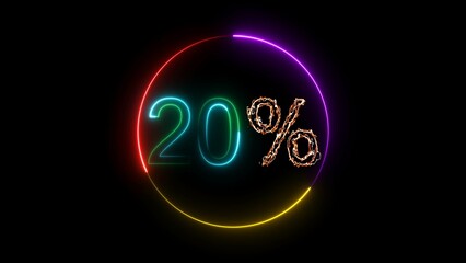A circular illustration, and glowing neon 20% number illustration . on a black background. and creating a  stunning 4k illustration
