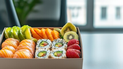 Lunch at Work Concept, Fresh Bento Box with Sushi Rolls and Assorted Fruits on a Light Background