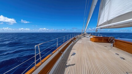Fototapeta premium The sun illuminates the polished wooden deck of a sailing vessel, with waves gently lapping against the hull in the open ocean