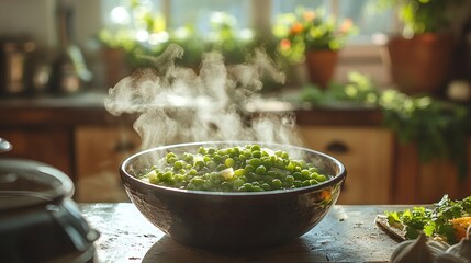 hot and nutritious peas soup in a rustic bowl featuring fresh green vegetables and organic ingredients for a healthy meal