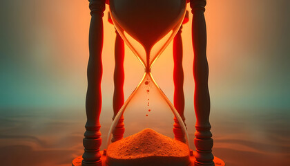 a colossal timeworn hourglass, sand turning into mist as it falls, floating in an endless void, surreal dreamlike atmosphere, cinematic lighting, hyperrealistic reflections