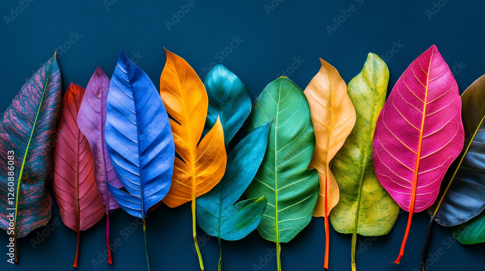 Poster colorful array of leaves arranged neatly against a dark background