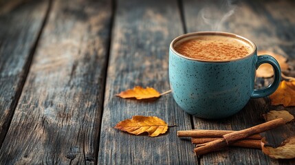 steaming cup of pumpkin spice latte placed on a rustic wooden table with cinnamon sticks and autumn leaves for the perfect fall beverage