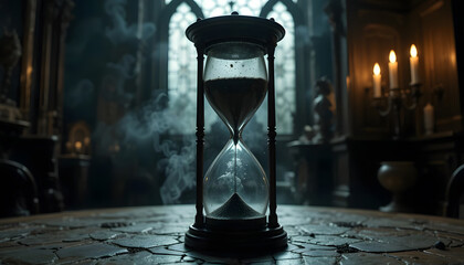 a cursed hourglass, sand turning into black smoke as it flows, placed in a haunted Victorian mansion, dim candlelight casting ghostly shadows, cinematic horror atmosphere