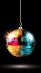 Fototapeta premium A classic disco ball hangs suspended against a backdrop of inky darkness, its mirrored facets catching the light to create a vibrant and mesmerizing display of color and movement.