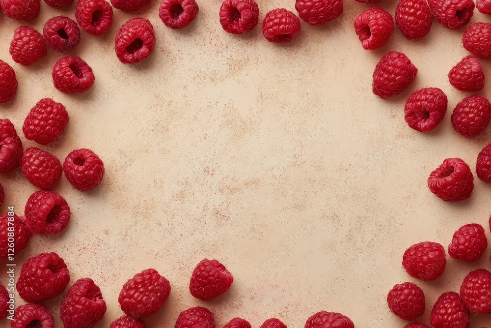 Poster Fresh raspberries artfully arranged on a rustic background for a vibrant culinary display