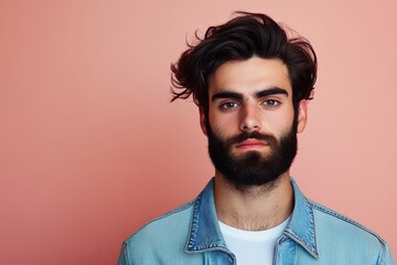Obraz premium Stylish Young Man with Beard Against a Pink Background