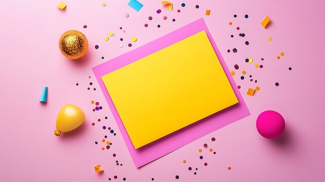 Festive Flat Lay: Yellow Invitation Mockup with Confetti on Pink Background AI Generated