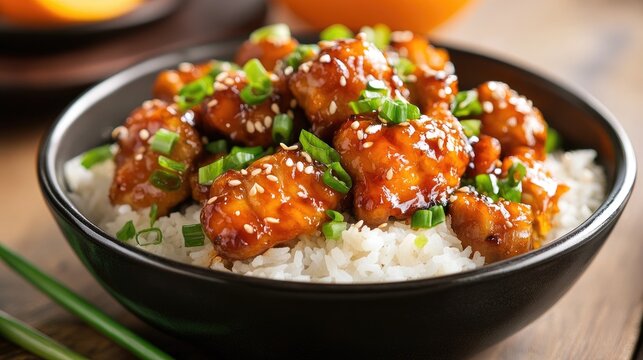 Chinese orange chicken with rice and green onion garnish