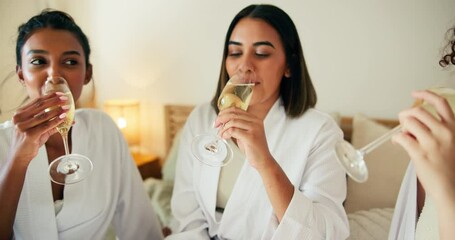 Toast, hotel and girl friends with champagne for engagement, bachelorette or wedding celebration. Happy, cheers and group of women with sparkling wine drink for marriage event with bridesmaids.