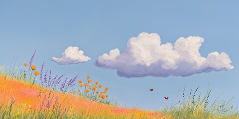Vibrant wildflower meadow with clouds scenic landscape nature illustration peaceful environment panoramic view