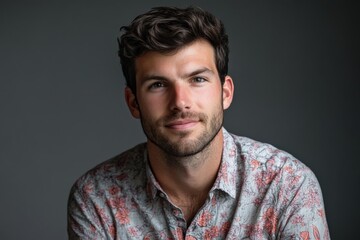 Obraz premium Confident Young Man with Floral Shirt Posing for a Portrait in Soft Lighting