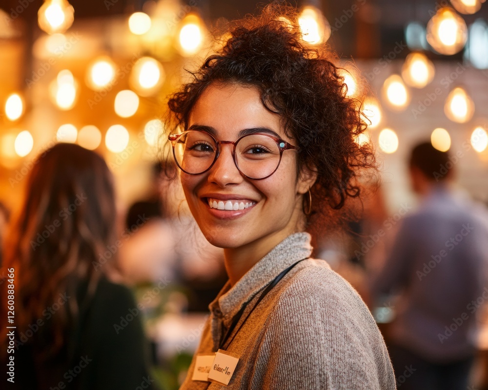 Poster bright urban co-working hub young professional networking in warm edison bulb ambiance inspiring ent