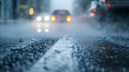 Rainy city street, close-up view of wet asphalt with blurred traffic in background.