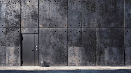 Modern industrial wall with a minimalist door in an urban setting during daylight