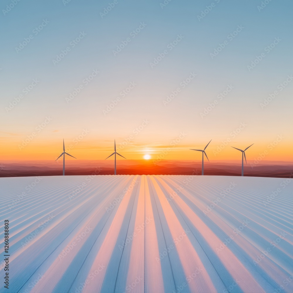 Poster Sunset-Enhanced Wind Energy Modern Turbine Array on Reflective Surface - Renewable Solutions and Aesthetic Integration for Sustainable Business Innovations