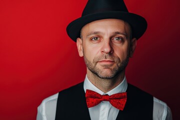 Stylish Man in a Bow Tie and Hat Against a Bold Red Background