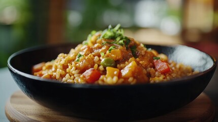 Japanese curry with rice in a black ceramic plate, selective focus
