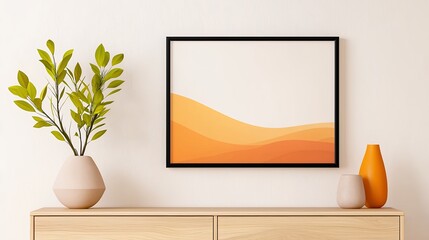 Abstract Orange Art Print Displayed on Wooden Sideboard