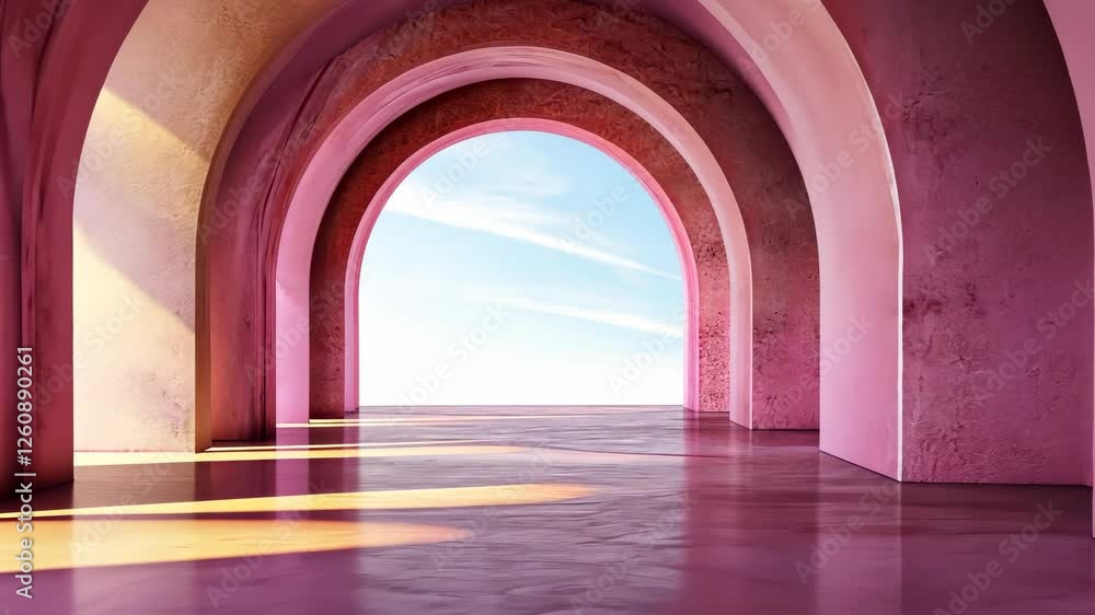 Poster minimalist pink hallway with repeating arch openings, sunlight streaming through, creating serene ar