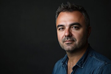 Fototapeta premium Portrait of a Confident Middle-Aged Man with Short Hair and a Denim Shirt