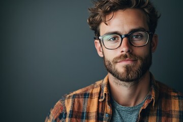Obraz premium Confident Young Man with Glasses and Beard in Casual Flannel Shirt