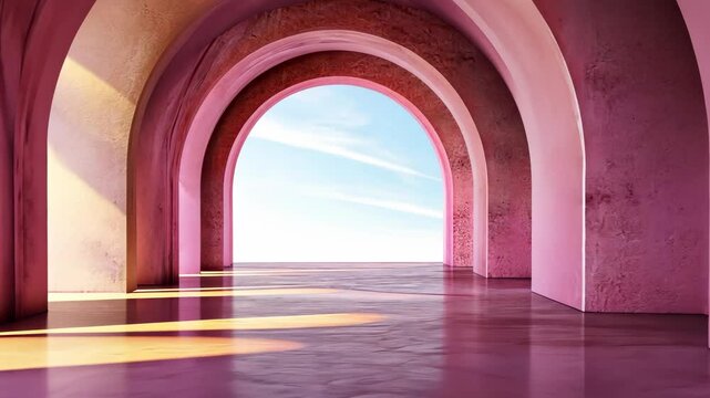 Minimalist pink hallway with repeating arch openings, sunlight streaming through, creating serene architectural perspective and spatial depth background video 4k