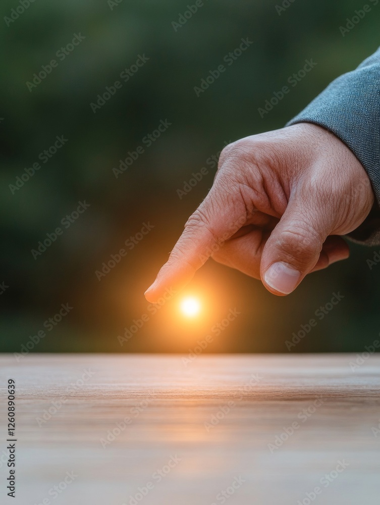 Poster minimalist tech gesture human hand interacting with soft-glow holographic interface on wooden surfac