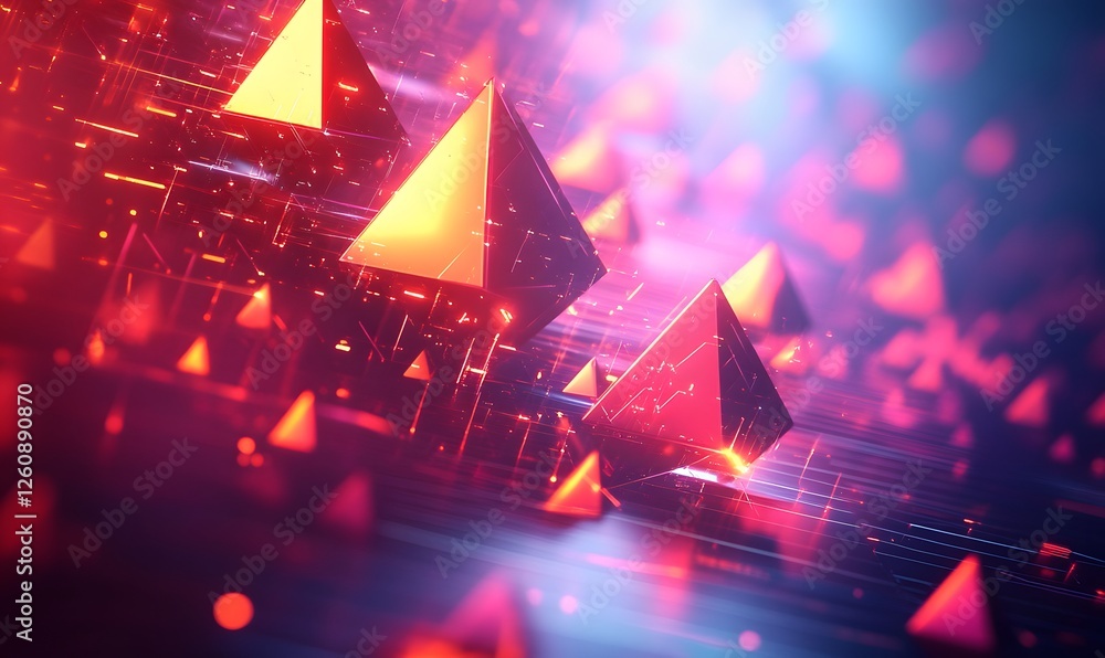 Poster abstract glowing pyramids with lines and a bokeh background in shades of red and pink