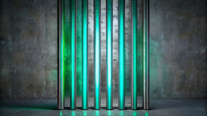 Obraz premium Vertical green lights cast an ethereal glow on the concrete wall, creating a futuristic and industrial feel.The light bars are evenly spaced,enhancing the symmetry and modern aesthetic of the scene.AI