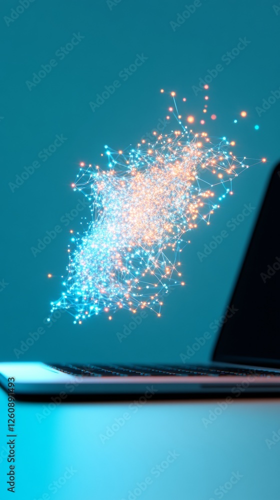 Poster Futuristic AI-Driven E-Learning Interface Holographic Data Network Over Laptop - EdTech Innovation and Virtual Classroom Enhancement for Modern Education
