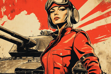 A bold and empowering advertising poster featuring a full-length female tanker in a crisp military uniform, standing confidently against a combat tank background, evoking patriotism