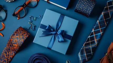 Blue gift box with bow and neckties on blue background, top view