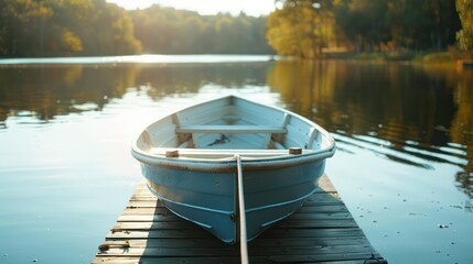 Obraz premium An elegant rowing boat is moored at the pier on a calm lake.