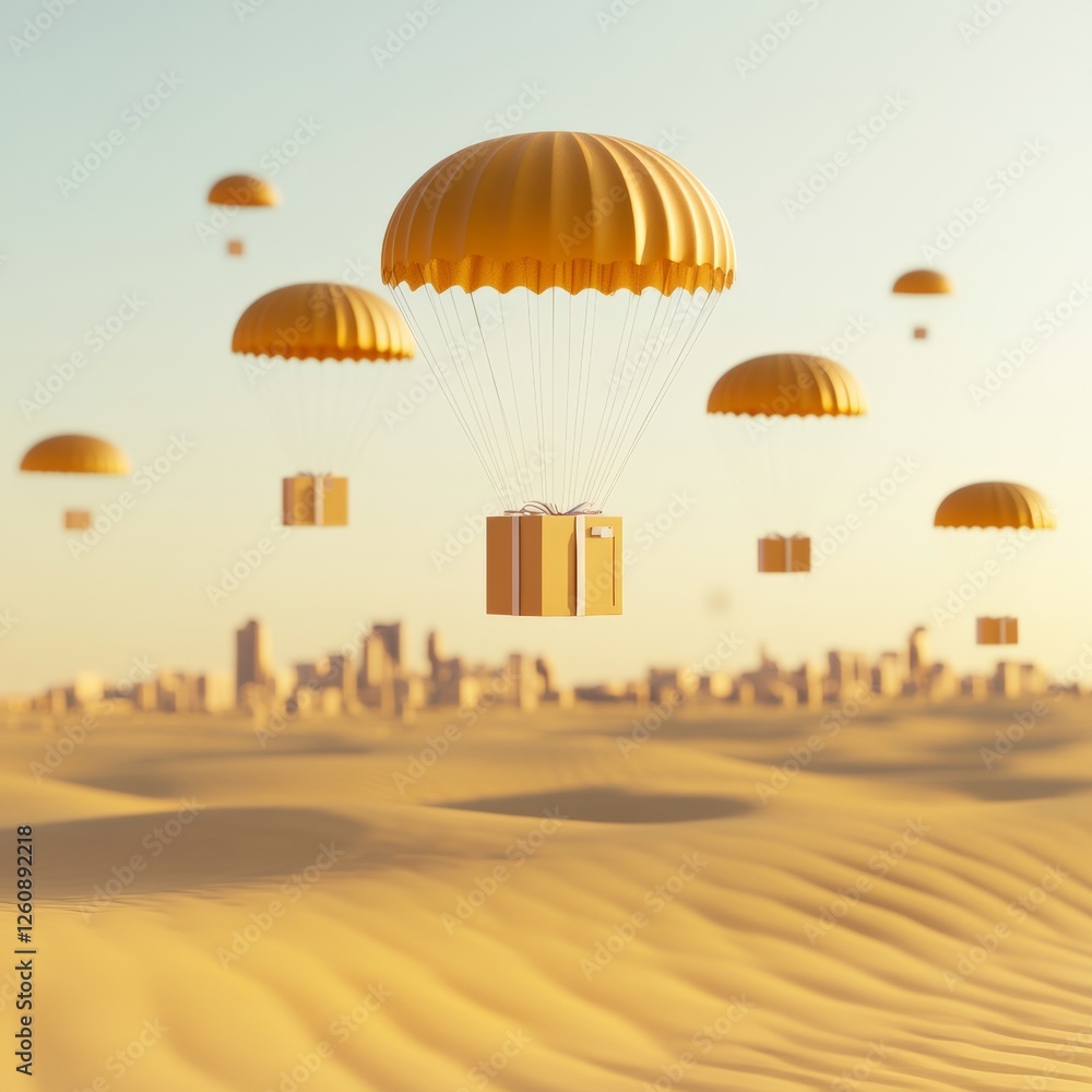 Poster Futuristic Urban Logistics Parachuted Packages Float Above Cityscape - Streamlined Delivery Visual for Smart Distribution and Efficient Service Solutions