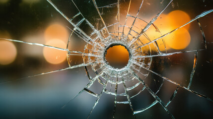 Close up of shattered glass featuring single bullet hole, creating dramatic effect. blurred background adds depth and intrigue