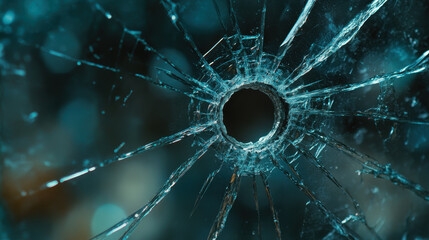 Close up of shattered glass with bullet hole, showcasing intricate cracks and reflections. image evokes sense of impact and fragility