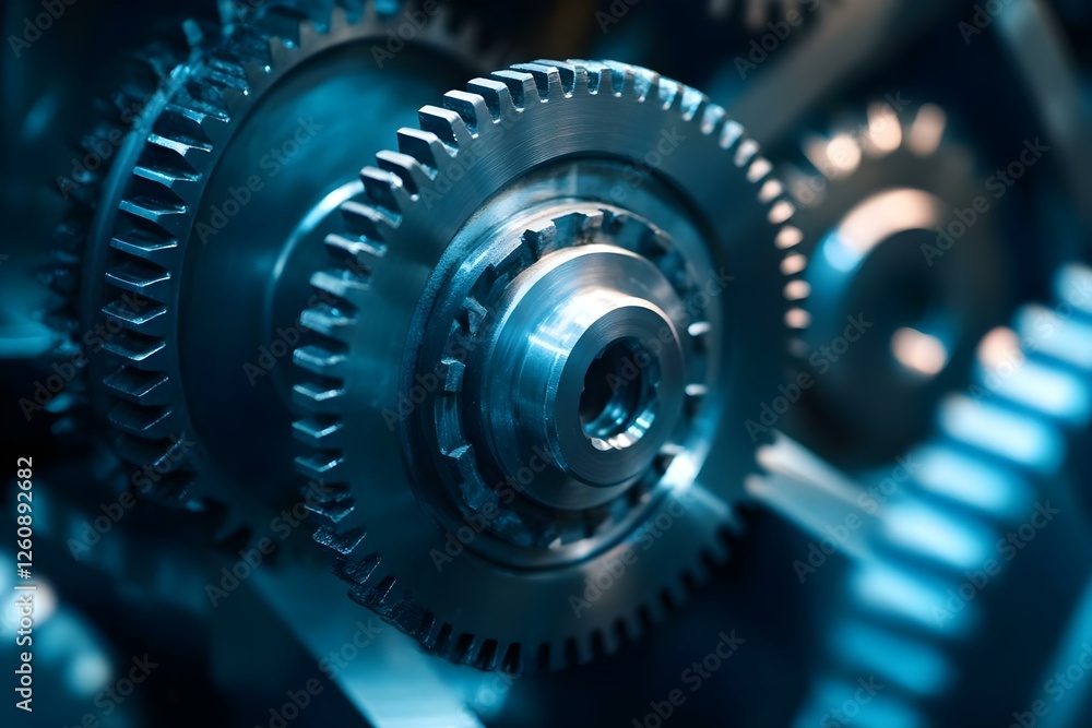 Poster close-up of metallic gears showcasing intricate details and mechanical design, emphasizing texture a