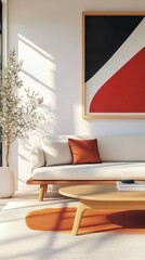 Modern Living Room, Featuring Cozy Sofa and Vibrant Art, Complemented by Indoor Plants, Bathed in Natural Light