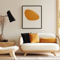 Modern Living Room, Featuring Cozy Sofa Arrangement, Abstract Wall Art, Minimalist Aesthetic, Warm and Inviting Atmosphere